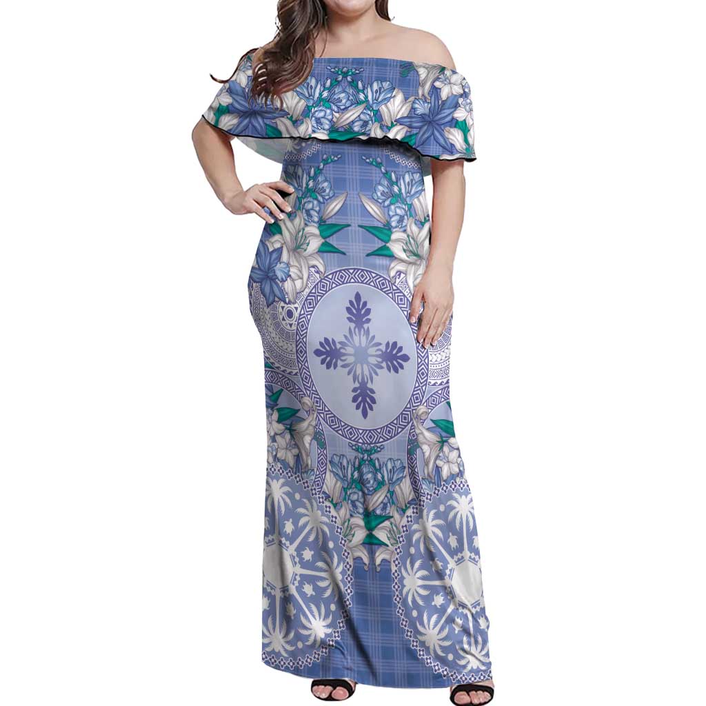 Hawaii Violet Palaka Off Shoulder Maxi Dress With Tapa Pattern Tropical Flowers - Polynesian Pride
