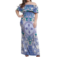 Hawaii Violet Palaka Off Shoulder Maxi Dress With Tapa Pattern Tropical Flowers - Polynesian Pride