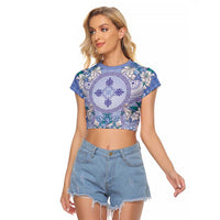 Hawaii Violet Palaka Raglan Cropped T Shirt With Tapa Pattern Tropical Flowers - Polynesian Pride