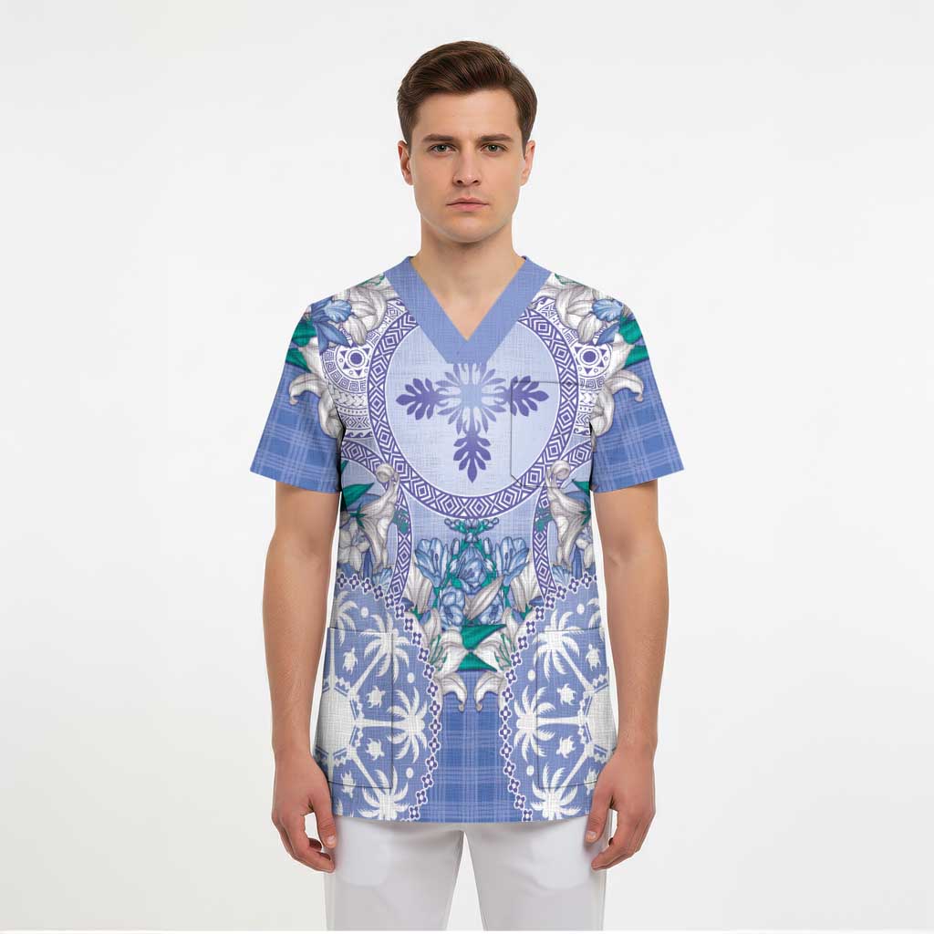 Hawaii Violet Palaka Scrub Top With Tapa Pattern Tropical Flowers - Polynesian Pride
