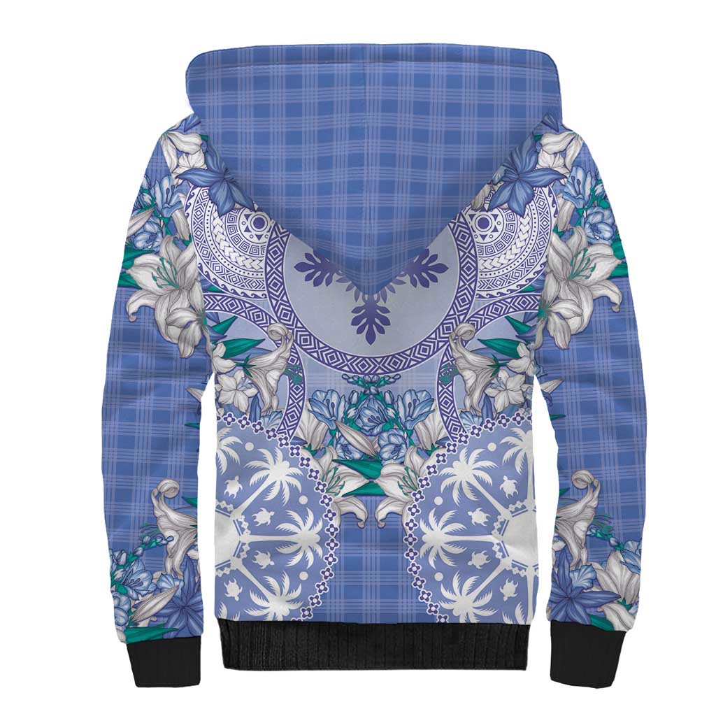 Hawaii Violet Palaka Sherpa Hoodie With Tapa Pattern Tropical Flowers - Polynesian Pride
