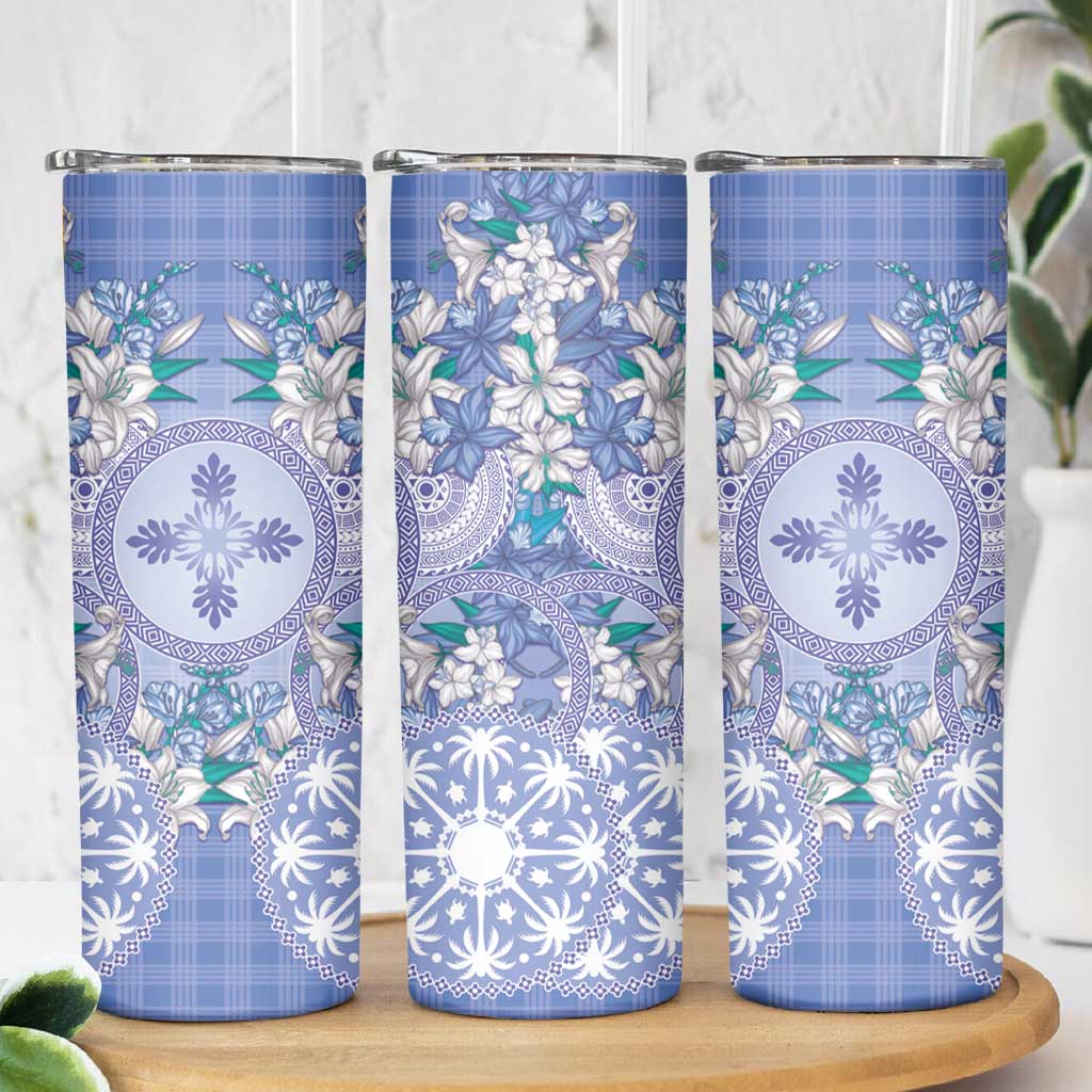 Hawaii Violet Palaka Skinny Tumbler With Tapa Pattern Tropical Flowers - Polynesian Pride