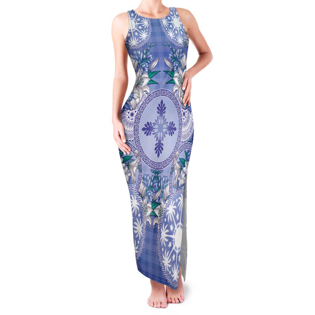 Hawaii Violet Palaka Tank Maxi Dress With Tapa Pattern Tropical Flowers - Polynesian Pride