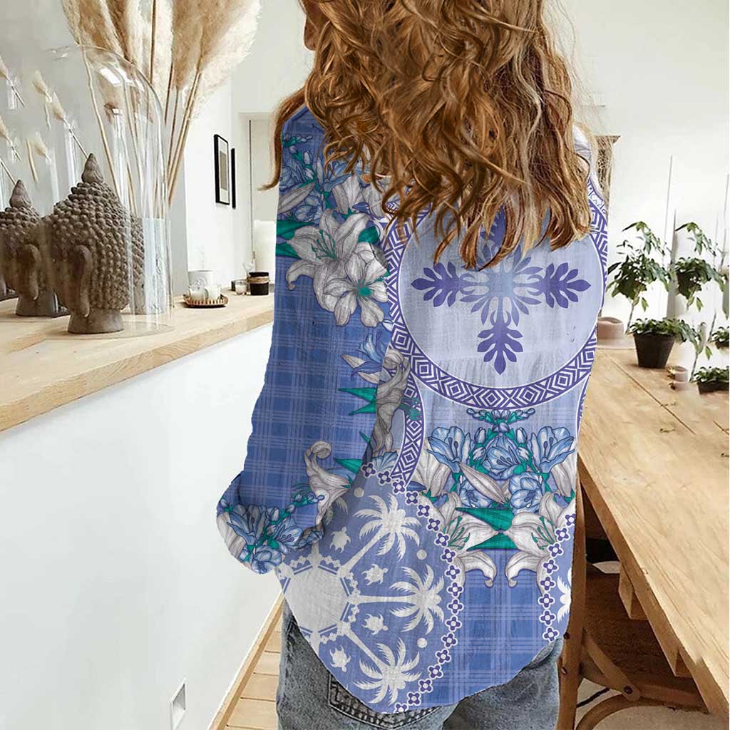 Hawaii Violet Palaka Women Casual Shirt With Tapa Pattern Tropical Flowers - Polynesian Pride