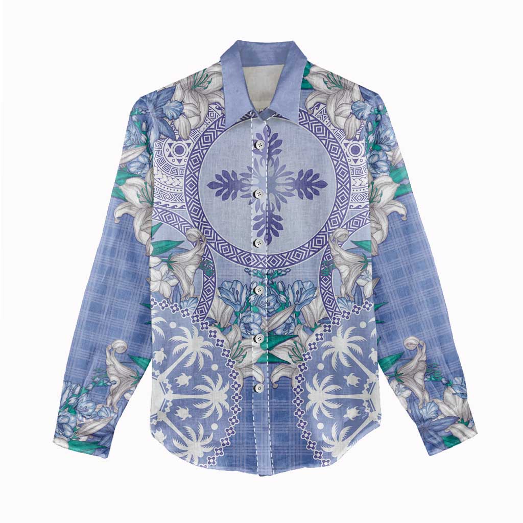 Hawaii Violet Palaka Women Casual Shirt With Tapa Pattern Tropical Flowers - Polynesian Pride
