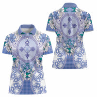 Hawaii Violet Palaka Women Polo Shirt With Tapa Pattern Tropical Flowers - Polynesian Pride