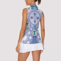 Hawaii Violet Palaka Women Sleeveless Polo Shirt With Tapa Pattern Tropical Flowers - Polynesian Pride