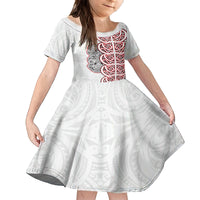 Aotearoa New Zealand Family Matching Long Sleeve Bodycon Dress and Hawaiian Shirt Maori Marae Pattern Tiki LT05 Daughter's Dress White - Polynesian Pride