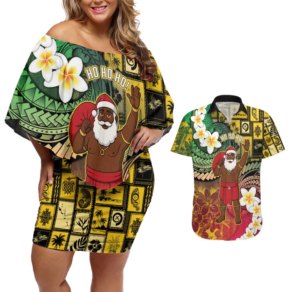 Vanuatu Christmas Couples Matching Off Shoulder Short Dress and Hawaiian Shirt Ni-Van Santa Retro Style - Polynesian Pride