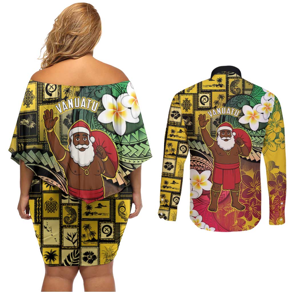 Vanuatu Christmas Couples Matching Off Shoulder Short Dress and Long Sleeve Button Shirt Ni-Van Santa Retro Style - Polynesian Pride
