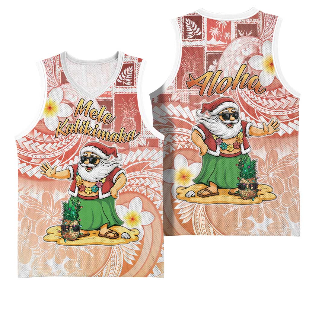 Hawaii Mele Kalikimaka Basketball Jersey Hula Santa Retro Style Red - Polynesian Pride