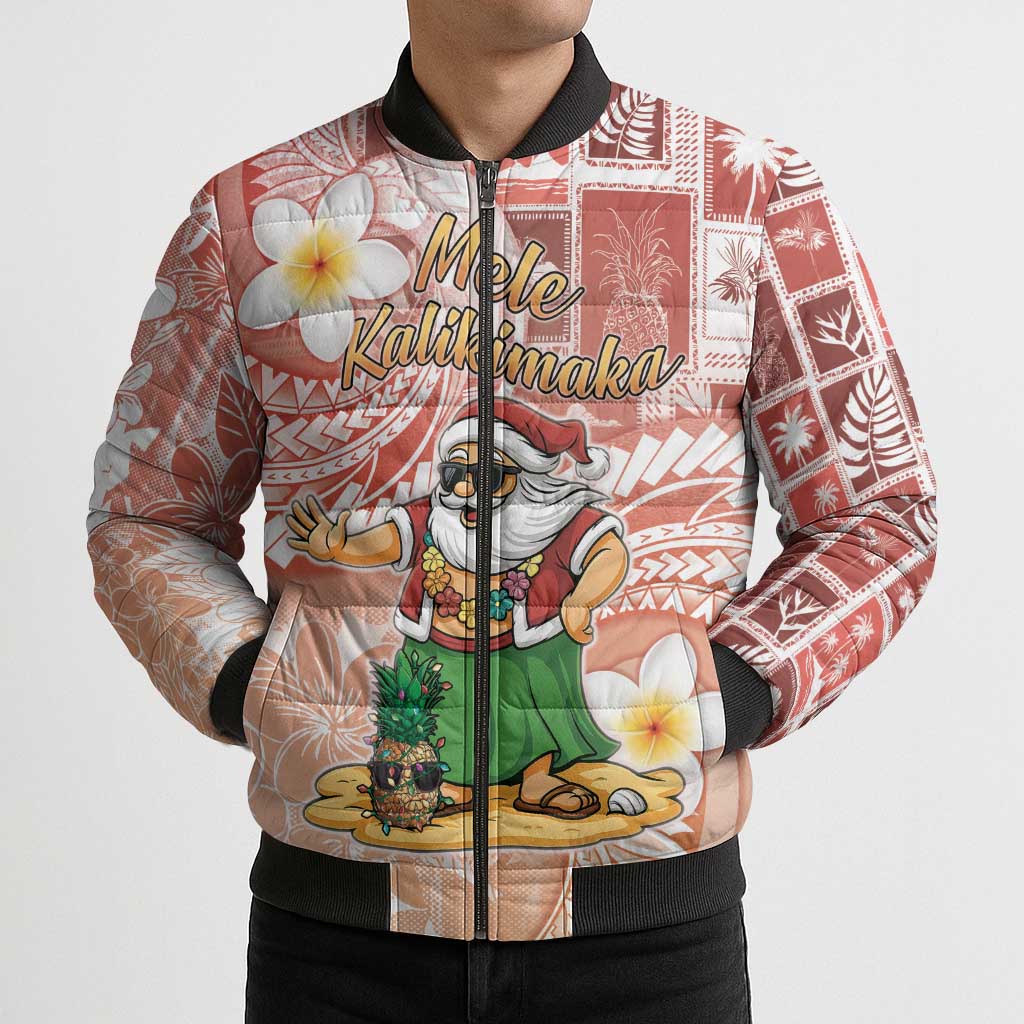 Hawaii Mele Kalikimaka Bomber Puffer Jacket Hula Santa Retro Style Red - Polynesian Pride