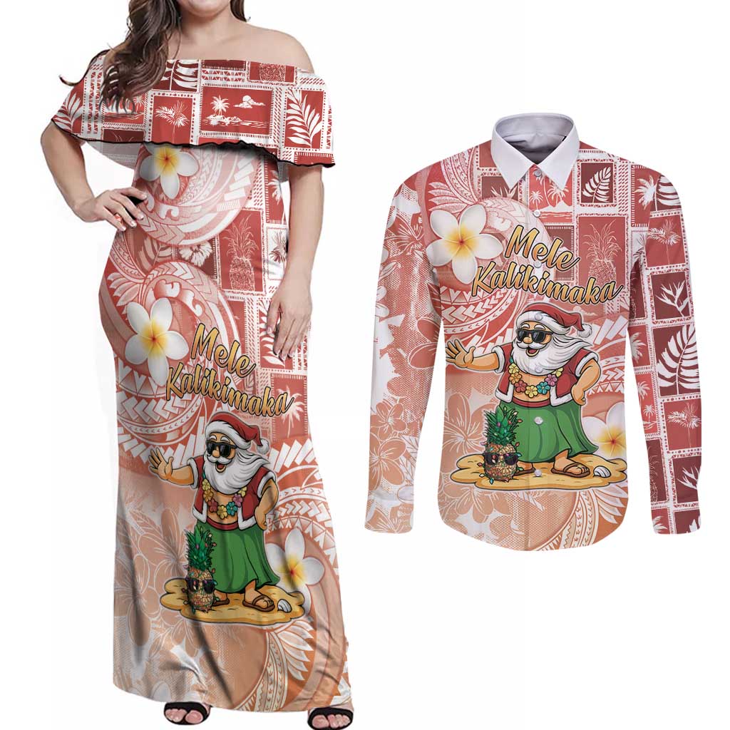 Hawaii Mele Kalikimaka Couples Matching Off Shoulder Maxi Dress and Long Sleeve Button Shirt Hula Santa Retro Style Red - Polynesian Pride