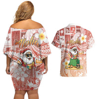 Hawaii Mele Kalikimaka Couples Matching Off Shoulder Short Dress and Hawaiian Shirt Hula Santa Retro Style Red - Polynesian Pride