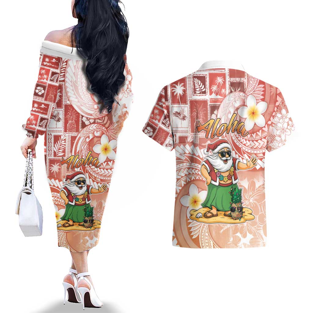 Hawaii Mele Kalikimaka Couples Matching Off The Shoulder Long Sleeve Dress and Hawaiian Shirt Hula Santa Retro Style Red - Polynesian Pride