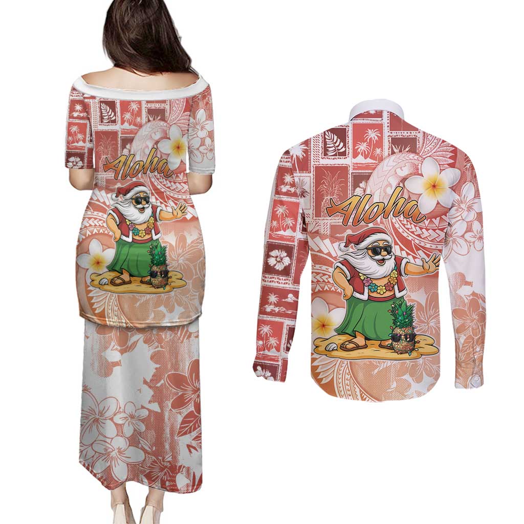 Hawaii Mele Kalikimaka Couples Matching Puletasi and Long Sleeve Button Shirt Hula Santa Retro Style Red - Polynesian Pride