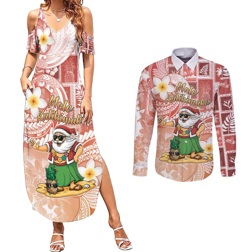 Hawaii Mele Kalikimaka Couples Matching Summer Maxi Dress and Long Sleeve Button Shirt Hula Santa Retro Style Red - Polynesian Pride