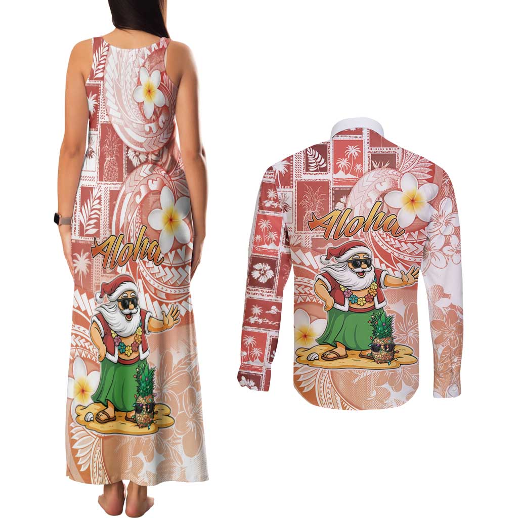 Hawaii Mele Kalikimaka Couples Matching Tank Maxi Dress and Long Sleeve Button Shirt Hula Santa Retro Style Red - Polynesian Pride