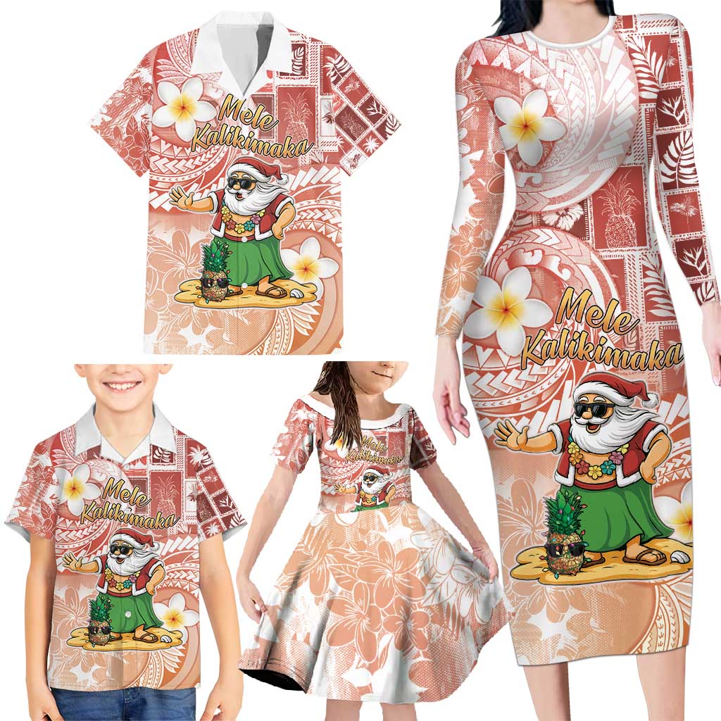 Hawaii Mele Kalikimaka Family Matching Long Sleeve Bodycon Dress and Hawaiian Shirt Hula Santa Retro Style Red - Polynesian Pride