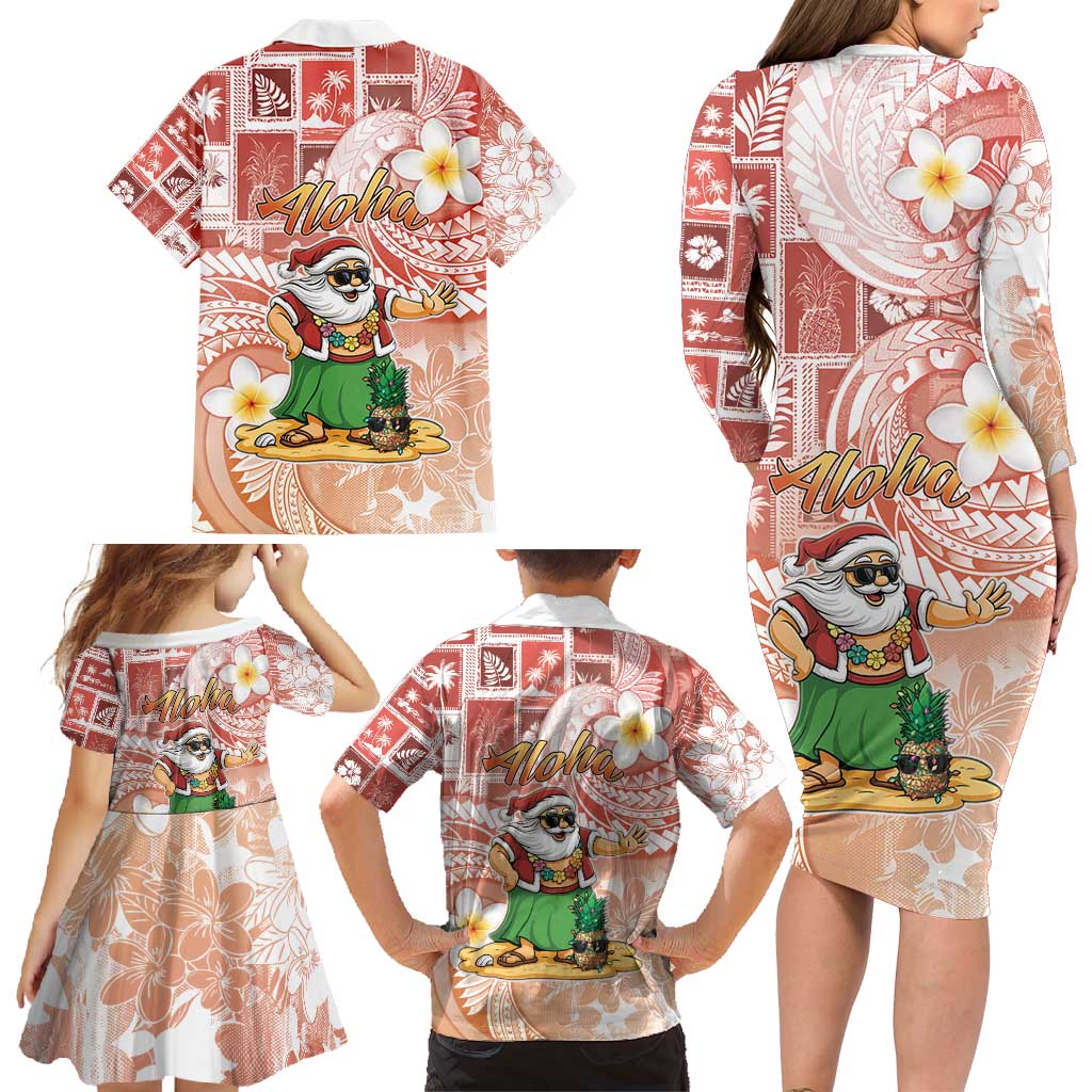 Hawaii Mele Kalikimaka Family Matching Long Sleeve Bodycon Dress and Hawaiian Shirt Hula Santa Retro Style Red - Polynesian Pride