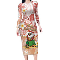 Hawaii Mele Kalikimaka Family Matching Long Sleeve Bodycon Dress and Hawaiian Shirt Hula Santa Retro Style Red - Polynesian Pride