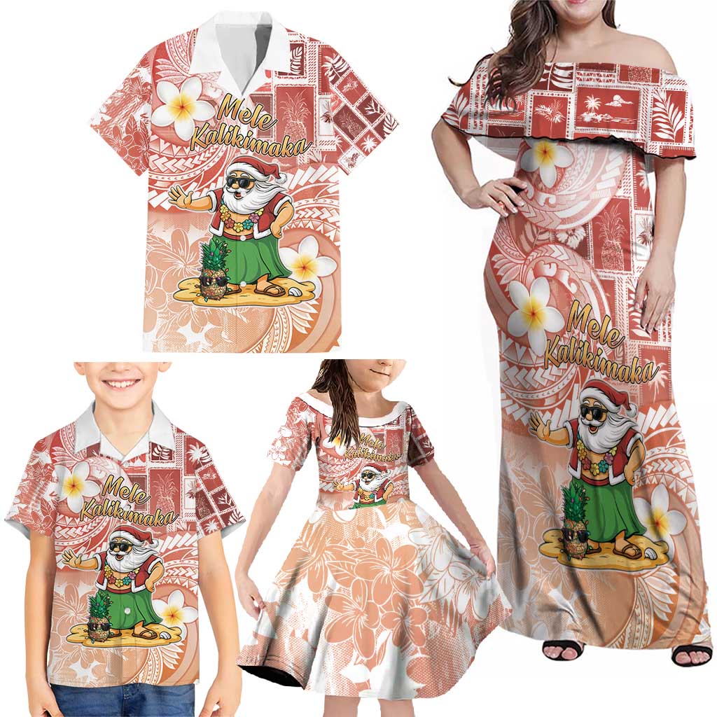 Hawaii Mele Kalikimaka Family Matching Off Shoulder Maxi Dress and Hawaiian Shirt Hula Santa Retro Style Red - Polynesian Pride