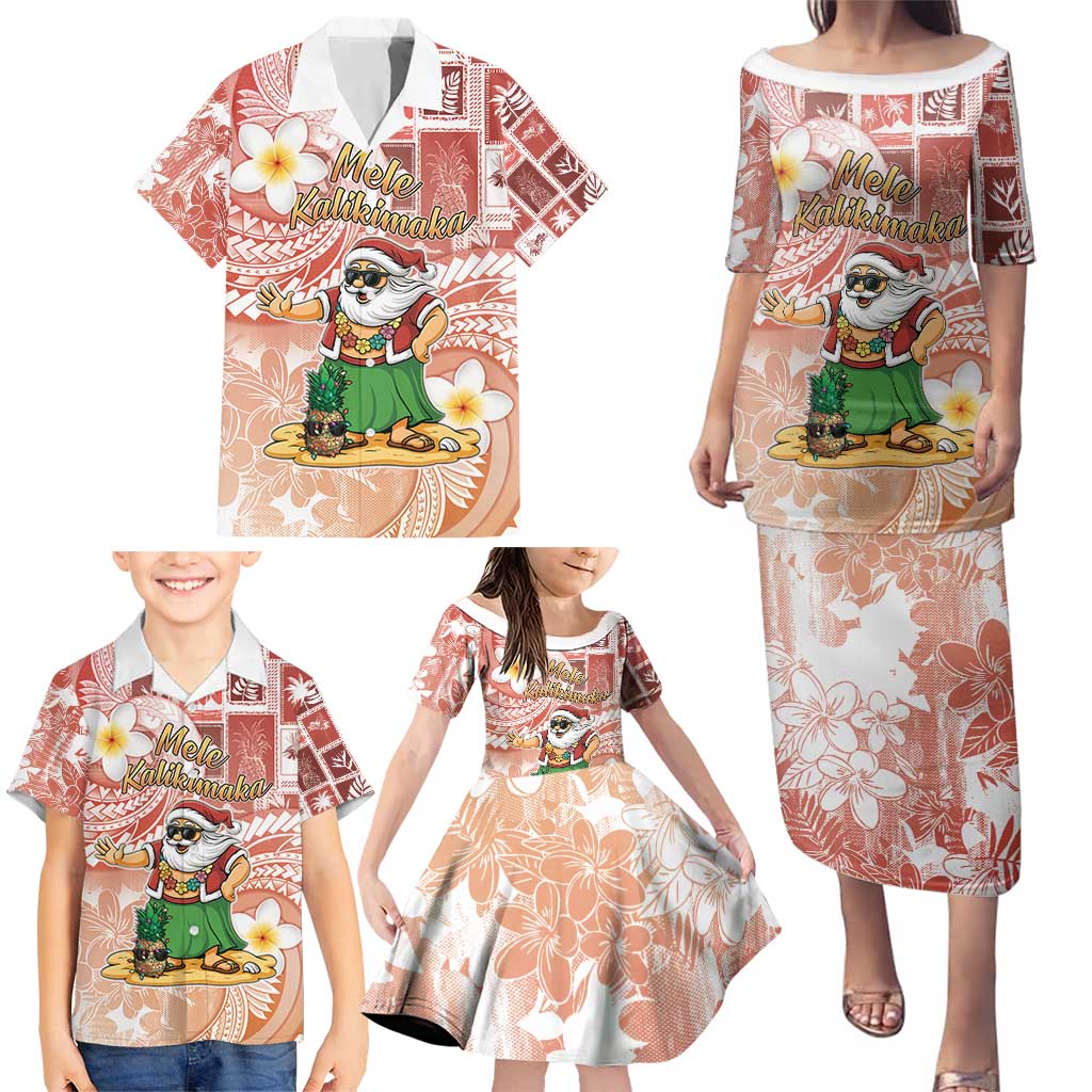 Hawaii Mele Kalikimaka Family Matching Puletasi and Hawaiian Shirt Hula Santa Retro Style Red - Polynesian Pride