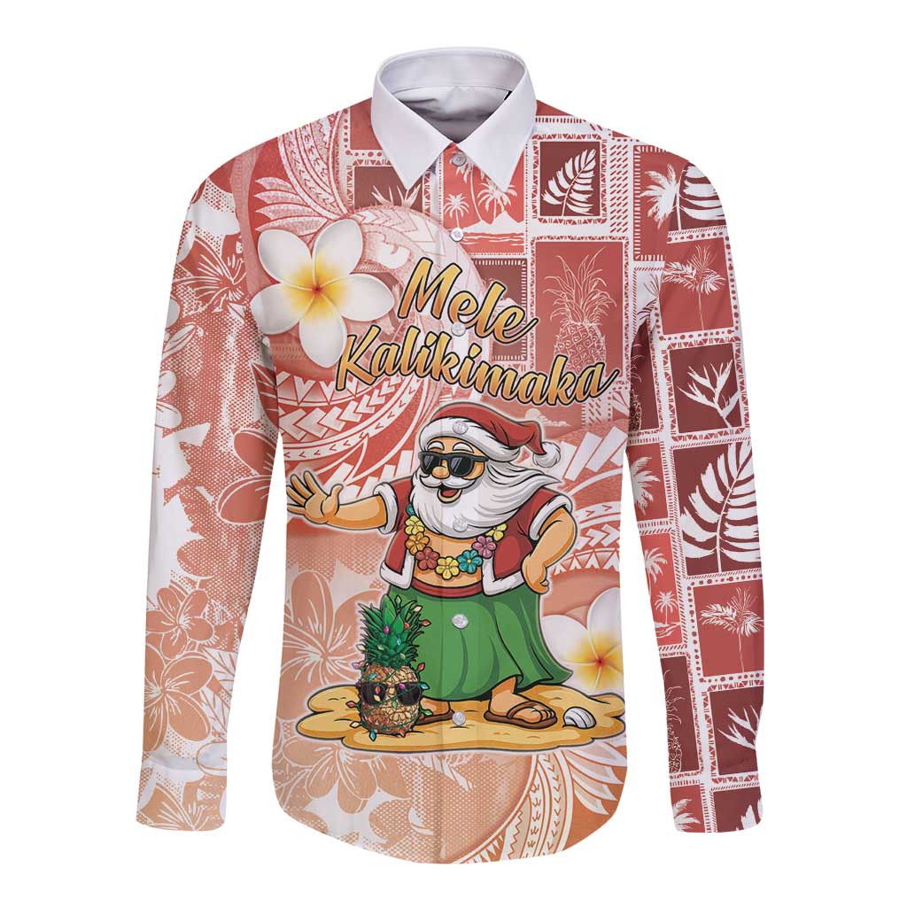Hawaii Mele Kalikimaka Long Sleeve Button Shirt Hula Santa Retro Style Red - Polynesian Pride