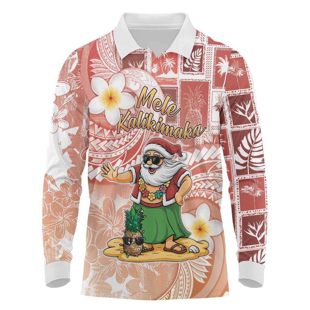 Hawaii Mele Kalikimaka Long Sleeve Polo Shirt Hula Santa Retro Style Red - Polynesian Pride