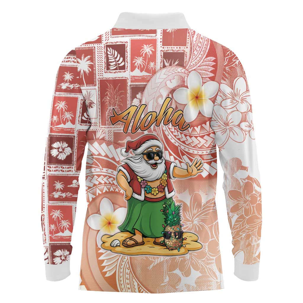 Hawaii Mele Kalikimaka Long Sleeve Polo Shirt Hula Santa Retro Style Red - Polynesian Pride