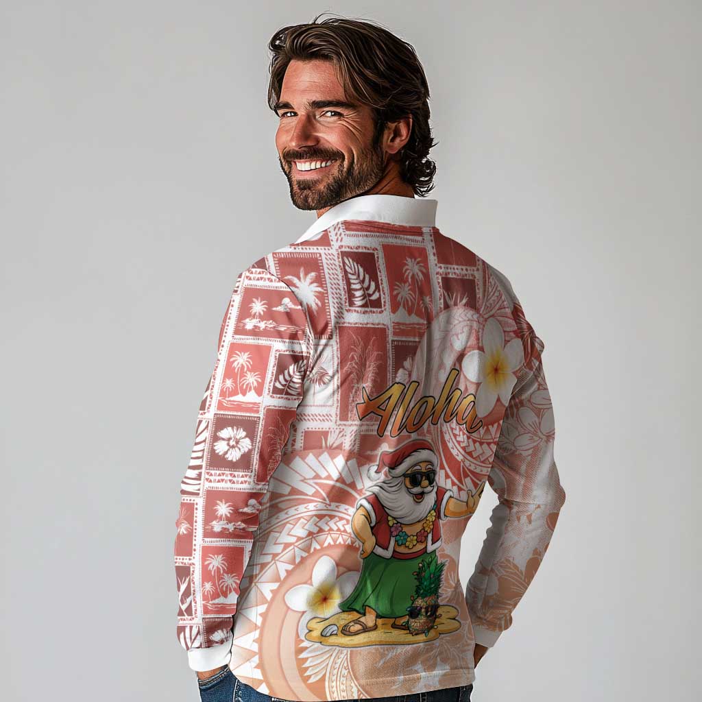 Hawaii Mele Kalikimaka Long Sleeve Polo Shirt Hula Santa Retro Style Red - Polynesian Pride