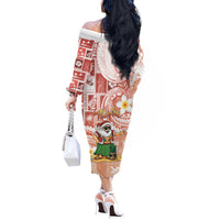 Hawaii Mele Kalikimaka Off The Shoulder Long Sleeve Dress Hula Santa Retro Style Red - Polynesian Pride