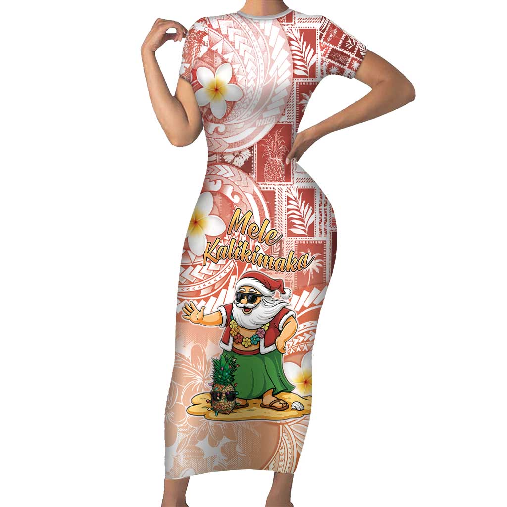 Hawaii Mele Kalikimaka Short Sleeve Bodycon Dress Hula Santa Retro Style Red - Polynesian Pride