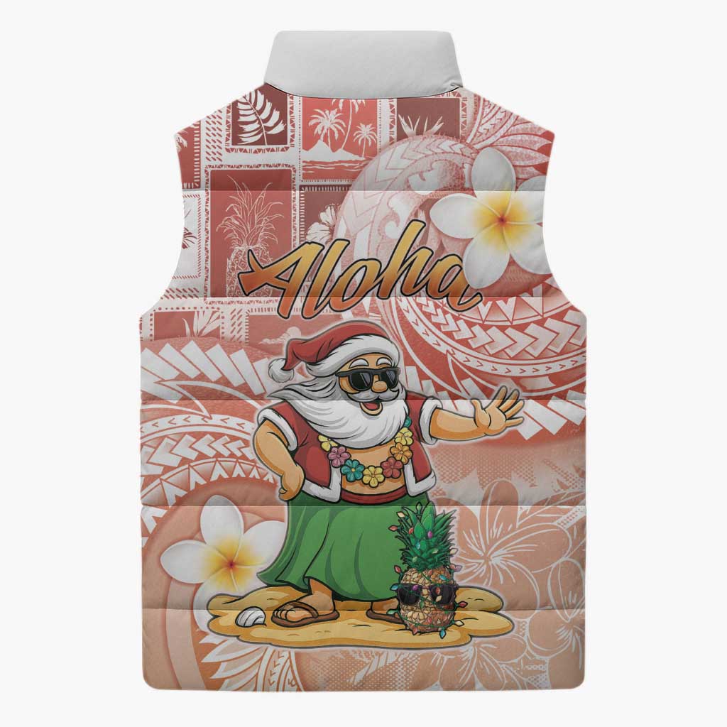 Hawaii Mele Kalikimaka Sleeveless Puffer Jacket Hula Santa Retro Style Red - Polynesian Pride