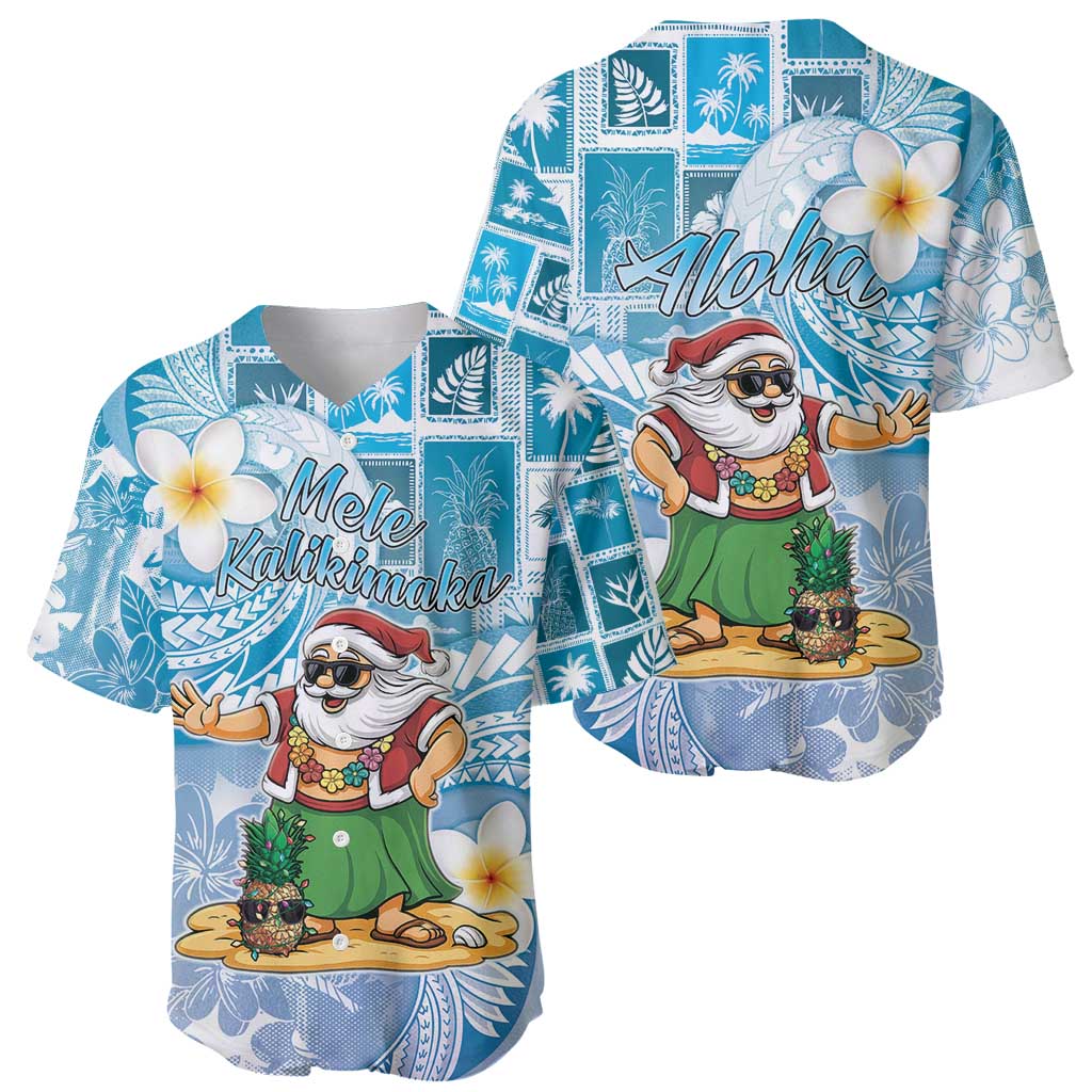 Hawaii Mele Kalikimaka Baseball Jersey Hula Santa Retro Style Blue - Polynesian Pride
