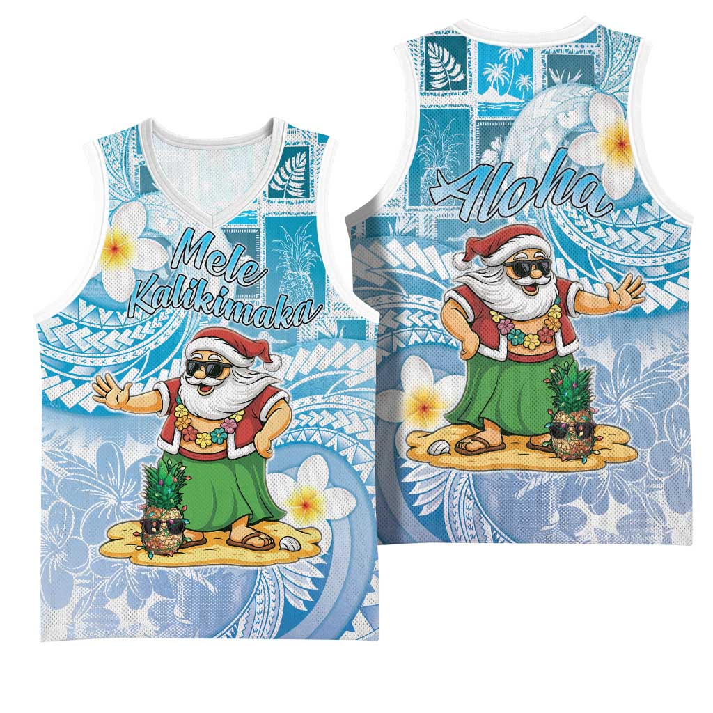 Hawaii Mele Kalikimaka Basketball Jersey Hula Santa Retro Style Blue - Polynesian Pride