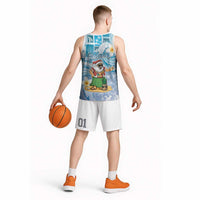 Hawaii Mele Kalikimaka Basketball Jersey Hula Santa Retro Style Blue - Polynesian Pride