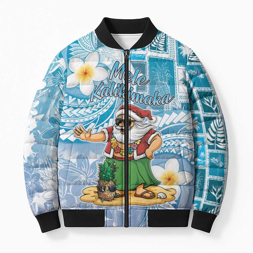 Hawaii Mele Kalikimaka Bomber Puffer Jacket Hula Santa Retro Style Blue - Polynesian Pride