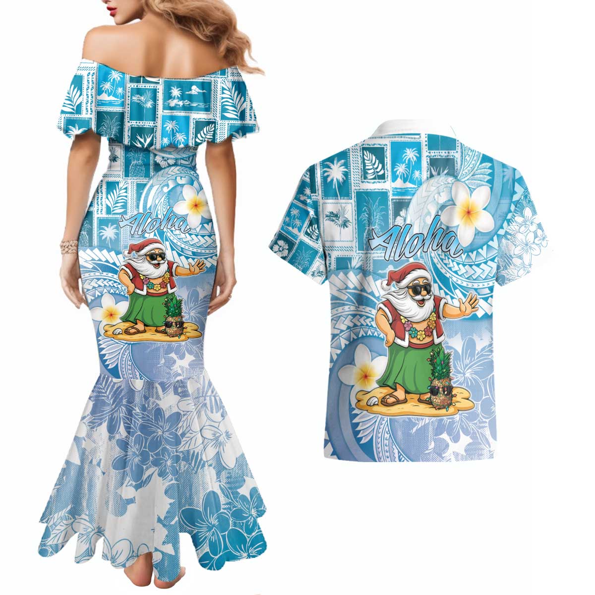 Hawaii Mele Kalikimaka Couples Matching Mermaid Dress and Hawaiian Shirt Hula Santa Retro Style Blue - Polynesian Pride