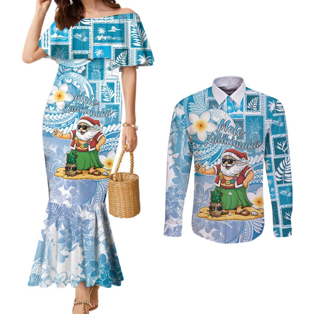 Hawaii Mele Kalikimaka Couples Matching Mermaid Dress and Long Sleeve Button Shirt Hula Santa Retro Style Blue - Polynesian Pride