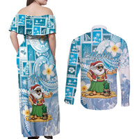 Hawaii Mele Kalikimaka Couples Matching Off Shoulder Maxi Dress and Long Sleeve Button Shirt Hula Santa Retro Style Blue - Polynesian Pride