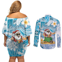 Hawaii Mele Kalikimaka Couples Matching Off Shoulder Short Dress and Long Sleeve Button Shirt Hula Santa Retro Style Blue - Polynesian Pride