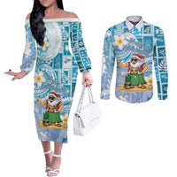 Hawaii Mele Kalikimaka Couples Matching Off The Shoulder Long Sleeve Dress and Long Sleeve Button Shirt Hula Santa Retro Style Blue - Polynesian Pride