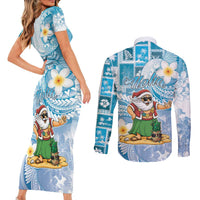 Hawaii Mele Kalikimaka Couples Matching Short Sleeve Bodycon Dress and Long Sleeve Button Shirt Hula Santa Retro Style Blue - Polynesian Pride