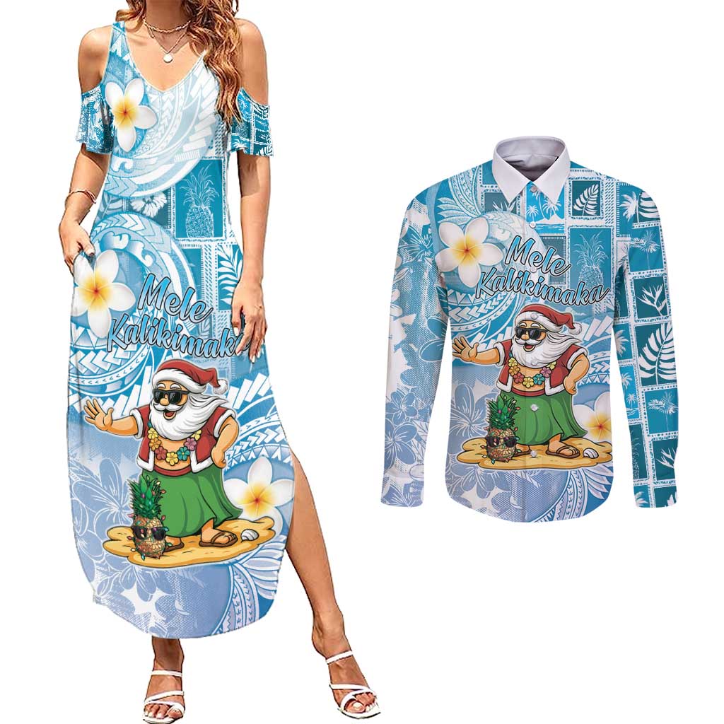 Hawaii Mele Kalikimaka Couples Matching Summer Maxi Dress and Long Sleeve Button Shirt Hula Santa Retro Style Blue - Polynesian Pride