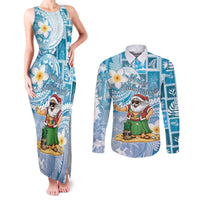 Hawaii Mele Kalikimaka Couples Matching Tank Maxi Dress and Long Sleeve Button Shirt Hula Santa Retro Style Blue - Polynesian Pride