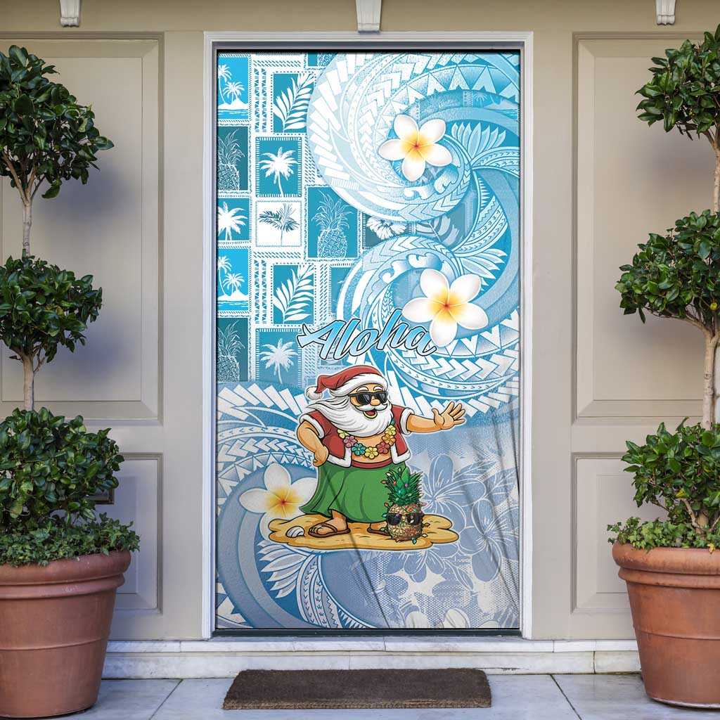 Hawaii Mele Kalikimaka Door Cover Hula Santa Retro Style Blue - Polynesian Pride