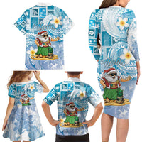 Hawaii Mele Kalikimaka Family Matching Long Sleeve Bodycon Dress and Hawaiian Shirt Hula Santa Retro Style Blue - Polynesian Pride