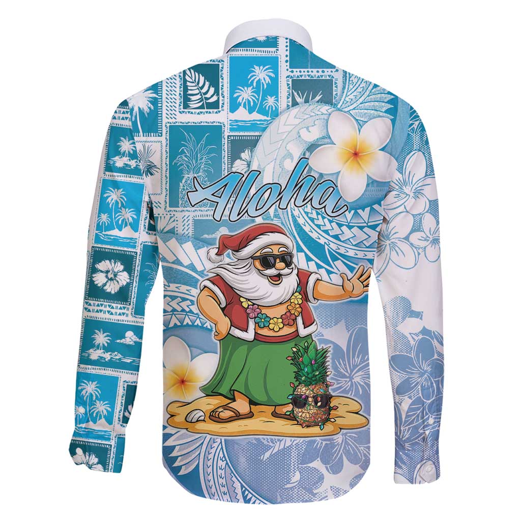 Hawaii Mele Kalikimaka Family Matching Long Sleeve Bodycon Dress and Hawaiian Shirt Hula Santa Retro Style Blue - Polynesian Pride