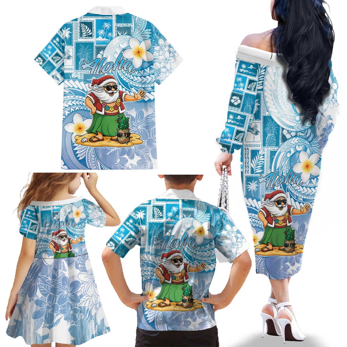 Hawaii Mele Kalikimaka Family Matching Off The Shoulder Long Sleeve Dress and Hawaiian Shirt Hula Santa Retro Style Blue - Polynesian Pride